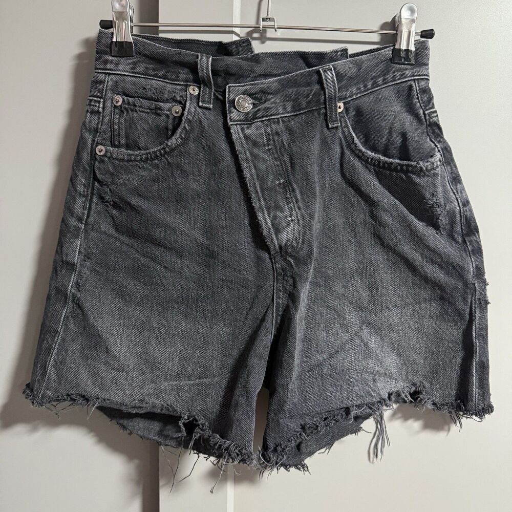 Agolde Women Button Fly Criss Cross Distressed Cut Off Denim Shorts Black 23